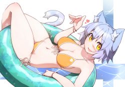 Rule 34 | 1girl, animal ears, bikini, breasts, cat ears, cat girl, cat tail, cleavage, facial scar, feet out of frame, front-tie bikini top, front-tie top, halterneck, heart, highres, innertube, large breasts, looking at viewer, navel, open mouth, original, ryota tentei, scar, scar on cheek, scar on face, side-tie bikini bottom, solo, swim ring, swimsuit, tail, thighs, tora tentei, wading, water, yellow bikini, yellow eyes