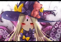 Rule 34 | 1girl, abigail williams (fate), abigail williams (second ascension) (fate), bare shoulders, blush, bow, closed mouth, commentary request, fate/grand order, fate (series), glowing, hat, keyhole, long hair, looking at viewer, parted bangs, polka dot, polka dot bow, purple bow, purple hat, red eyes, ruto (rutodesu), solo, stuffed animal, stuffed toy, suction cups, teddy bear, tentacles, witch hat, yellow bow