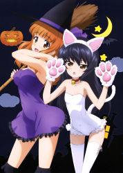 Rule 34 | 10s, 2girls, :d, :o, absurdres, animal ears, animal hands, bat (animal), bell, black hair, blunt bangs, blush, breasts, broom, brown eyes, cat ears, cat paws, cat tail, cleavage, collar, cosplay, cowboy shot, dress, fake animal ears, fake tail, flat chest, frilled leotard, frills, girls und panzer, gloves, hairband, halloween, hat, highres, holding, jack-o&#039;-lantern, kittysuit, leotard, long hair, looking at viewer, medium breasts, moon, multiple girls, neck bell, night, nontraditional playboy bunny, official art, open mouth, orange eyes, orange hair, parted lips, paw gloves, purple dress, reizei mako, smile, standing, star (sky), strapless, strapless dress, strapless leotard, tail, takebe saori, thighhighs, white leotard, witch, witch hat