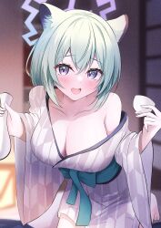 Rule 34 | 1girl, absurdres, animal ears, bare shoulders, blue archive, blurry, blurry background, blush, bow, breasts, choko (cup), cleavage, collarbone, come hither, commentary request, cup, eyes visible through hair, film grain, green bow, green hair, green sash, grey kimono, hair between eyes, halo, hands up, highres, holding, indoors, japanese clothes, kimono, kneeling, large breasts, leaning forward, long sleeves, looking at viewer, obi, official alternate costume, onabe no shime, open mouth, print kimono, purple eyes, purple halo, sash, shigure (blue archive), shigure (hot spring) (blue archive), short hair, solo, teeth, tokkuri, upper teeth only, waist bow, weasel ears, weasel girl, wide sleeves, yagasuri