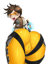 Rule 34 | 1girl, :o, ass, ass focus, belt, bomber jacket, brown eyes, brown hair, cameltoe, cleft of venus, earrings, fat mons, female focus, goggles, jacket, jewelry, open mouth, overwatch, overwatch 1, simple background, solo, thighs, tracer (overwatch), white background, zetxsuna