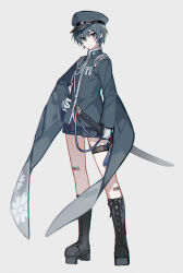 Rule 34 | 1boy, absurdres, aged down, bandaid, bandaid on leg, blue eyes, blush, boots, child, cross-laced footwear, full body, furisode sleeves, gloves, hand on own hip, hat, highres, japanese clothes, kaito (vocaloid), kazenemuri, knee boots, lace-up boots, looking at viewer, male focus, military uniform, rei no sakura sousetsu (module), senbonzakura (vocaloid), short hair, shorts, solo, standing, thigh strap, uniform, vocaloid, white background, white gloves, wide sleeves