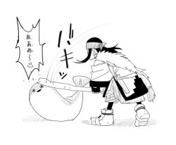 Rule 34 | 1girl, ainu, ainu clothes, aosode, asirpa, asirpa clubs the seal (meme), bandana, cape, commentary, earrings, fish, full body, fur cape, golden kamuy, greyscale, hitting, holding, holding stick, hoop earrings, jewelry, long hair, long sleeves, meme, monochrome, motion lines, sacabambaspis, short hair, simple background, solo, speech bubble, standing, stick, translated, triangle mouth, white background