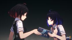 Rule 34 | 2girls, absurdres, black hair, blue eyes, blue hair, book, breasts, chinese commentary, closed eyes, closed mouth, colored inner hair, dual persona, furrowed brow, highres, holding, holding book, honkai (series), honkai impact 3rd, logo, looking at another, multicolored hair, multiple girls, official alternate costume, official art, official wallpaper, red hair, seele (alter ego), seele vollerei, seele vollerei (swallowtail phantasm), simple background, small breasts, smile, standing, the little mermaid, upper body, white sleeves