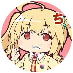 Rule 34 | 1girl, ahoge, assault lily, blonde hair, blush, chemir friedheim, chibi, circle, collared shirt, commentary request, drill hair, emblem, fang, grin, hair bun, hair ornament, hand up, long hair, long sleeves, looking at viewer, lowres, masaki itsuki, necktie, no pupils, pinky out, portrait, red background, red eyes, red necktie, round image, school uniform, shirt, side ponytail, sign language, simple background, single side bun, smile, solo, sweater, translated, transparent background, white shirt, yellow sweater