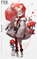 Rule 34 | 1girl, absurdres, ahoge, animal ears, asymmetrical legwear, black skirt, boots, bow, brown eyes, chinese text, chinese zodiac, closed mouth, coat, collar, cross-laced footwear, dated, february, flower, full body, fur scarf, grey background, hair bow, hair ornament, highres, holding, holding umbrella, lace-up boots, long hair, long sleeves, looking at viewer, miniskirt, mouse (animal), mouse ears, mouse girl, nofish35472981, off-shoulder coat, off shoulder, original, partially translated, red bow, red flower, red socks, red sweater, red umbrella, ribbed sweater, silver hair, skirt, smile, socks, solo, standing, string, string of fate, sweater, thighhighs, translation request, umbrella, uneven legwear, white collar, white footwear, year of the rat