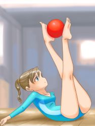 Rule 34 | 1girl, artist request, athletic leotard, ball, barefoot, blue eyes, blurry, blurry background, brown hair, feet, female focus, from side, full body, gymnast leotard, gymnastics, hair tie, highres, legs up, leotard, long hair, looking up, open mouth, ponytail, rhythmic gymnastics, soles, solo, source request, toes, wooden floor