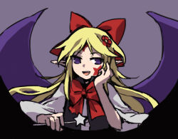 Rule 34 | 1girl, black vest, blonde hair, commentary request, elis (touhou), facial mark, fang, flower, hair flower, hair ornament, hair ribbon, hand on own cheek, hand on own face, holding, holding wand, kaigen 1025, long hair, long sleeves, looking at viewer, neck ribbon, open clothes, open mouth, open vest, pointy ears, purple background, purple eyes, purple wings, red flower, red ribbon, ribbon, shirt, simple background, sketch, smile, solo, star (symbol), star facial mark, star wand, touhou, touhou (pc-98), vest, wand, white shirt, wings