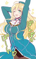 Rule 34 | 10s, arm behind head, arms up, atago (kancolle), bad id, bad twitter id, blonde hair, blue dress, breasts, commentary request, dress, green eyes, kantai collection, large breasts, long hair, nagomi (mokatitk), neckerchief, one eye closed, pan-pa-ka-paaan!, pantyhose, smile, solo, star (symbol)