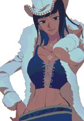 Rule 34 | 1girl, blue eyes, blunt bangs, breasts, cleavage, coat, commentary request, cowboy hat, crop top, cross-laced clothes, cross-laced top, fur-trimmed coat, fur trim, hand in own hair, hand on own hip, hat, highres, long sleeves, looking at viewer, medium hair, navel, nico robin, one piece, oooop jp, simple background, solo, white background, white coat