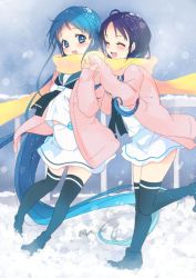 2girls :d absurdly_long_hair black_legwear blue_eyes blue_hair blush closed_eyes gradient_hair holding_hands kantai_collection long_hair malino_(dream_maker) multicolored_hair multiple_girls open_mouth samidare_(kancolle) scarf school_uniform serafuku shirt skirt sleeveless sleeveless_shirt smile snowing suzukaze_(kancolle) thighhighs very_long_hair white_skirt yellow_scarf