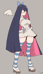 Rule 34 | 1girl, akisas99, angel wings, black hair, blue bow, blue ribbon, blunt bangs, bow, breasts, choker, cleavage, dress, hair bow, hair ribbon, heart, large breasts, long hair, multicolored hair, panties, panty &amp; stocking with garterbelt, pink hair, ribbon, stocking (psg), striped clothes, striped thighhighs, thighhighs, toes, underwear, very long hair, white choker, white dress, wings