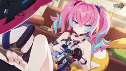 Rule 34 | 1girl, bare shoulders, barefoot, blue nails, book, bracelet, breasts, chinese commentary, closed mouth, controller, couch, crossed bangs, game controller, gloves, hair between eyes, highres, holding, holding controller, homu (honkai impact), honkai (series), honkai impact 3rd, indoors, jewelry, multicolored hair, nail polish, official art, official wallpaper, pink hair, rozaliya olenyeva, rozaliya olenyeva (fervent tempo), single glove, sitting, small breasts, solo, streaked hair, stuffed animal, stuffed toy, toenail polish, toenails, toes, twintails, weapon