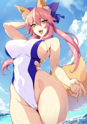Rule 34 | 1girl, animal ear fluff, animal ears, bare shoulders, blue bow, blue one-piece swimsuit, blue sky, blush, bow, breasts, competition swimsuit, fate/extra, fate (series), fox ears, fox girl, fox tail, hair between eyes, hair bow, highleg, highleg swimsuit, highres, large breasts, long hair, looking at viewer, ocean, one-piece swimsuit, open mouth, pink hair, puuzaki puuna, sidelocks, sky, smile, swimsuit, tail, tamamo (fate), tamamo no mae (fate/extra), thighs, twintails, two-tone swimsuit, wading, white one-piece swimsuit, wide hips, yellow eyes