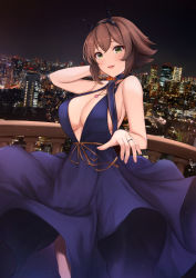 Rule 34 | 1girl, arm behind head, blue dress, blush, breasts, brown hair, center opening, city lights, cleavage, collarbone, dress, green eyes, headgear, highres, jewelry, kannko bokujou, kantai collection, large breasts, looking at viewer, mutsu (kancolle), night, open mouth, ornate ring, outdoors, photo background, ring, short hair, sideboob, solo, wedding ring