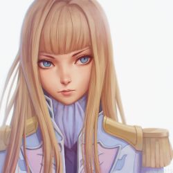 Rule 34 | 1girl, ascot, blonde hair, blue eyes, blunt bangs, closed eyes, commentary, epaulettes, expressionless, gundam, gundam wing, jacket, lips, long hair, looking at viewer, miura-n315, nose, relena peacecraft, simple background, solo, white background