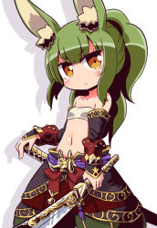 Rule 34 | &gt;:(, 1girl, animal ear fluff, animal ears, bandeau, bare shoulders, black sleeves, blush, breasts, brown eyes, closed mouth, collarbone, commentary request, detached sleeves, drop shadow, etrian odyssey, green hair, green pants, hand on hilt, head tilt, high ponytail, holding, holding sword, holding weapon, long hair, long sleeves, masurao (sekaiju), naga u, navel, pants, ponytail, puffy pants, rabbit ears, sekaiju no meikyuu, sekaiju no meikyuu 5, sidelocks, sleeves past wrists, small breasts, solo, sword, v-shaped eyebrows, weapon, white background, white bandeau