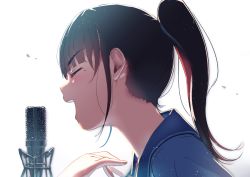 Rule 34 | 1girl, :d, blue jacket, blunt bangs, brown hair, closed eyes, commentary request, jacket, microphone, mole, mole under eye, music, open mouth, original, ponytail, satsuki neko, simple background, singing, smile, solo, virtual youtuber, white background