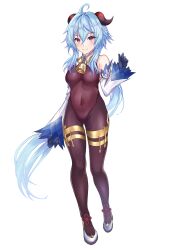 Rule 34 | 1girl, absurdres, ahoge, bare shoulders, black gloves, black leotard, blue hair, bodystocking, commentary, covered navel, detached sleeves, full body, ganyu (genshin impact), genshin impact, gloves, groin, hair between eyes, hand up, highres, horns, leotard, leotard under clothes, long hair, long sleeves, looking at viewer, mija, purple eyes, simple background, smile, solo, standing, very long hair, white background