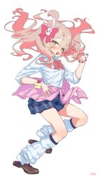 Rule 34 | 1girl, absurdres, ahoge, arm up, blue skirt, blush, bow, bowtie, bracelet, braid, brown footwear, clothes around waist, collared shirt, floating hair, full body, furrowed brow, gyaru, hair bow, hair ornament, highres, holding, holding own hair, jacket, jacket around waist, jewelry, light brown hair, loafers, long hair, looking at viewer, miniskirt, multicolored hair, official alternate costume, onii-chan wa oshimai!, open mouth, orange eyes, oyama mahiro, pink bow, pink bowtie, pink hair, pink jacket, plaid, plaid skirt, pleated skirt, rabbit hair ornament, school uniform, shirt, shoes, simple background, single braid, skirt, solo, two-tone hair, white background, white leg warmers, white shirt, wrist bow, yellow bow, yoku soy