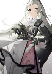 Rule 34 | 1girl, ammunition belt, arknights, black jacket, blush, capelet, closed mouth, cowboy shot, earrings, front-seamed legwear, gradient background, grey background, grey hair, gun, head wings, high-waist skirt, highres, irene (arknights), jacket, jewelry, long hair, long sleeves, looking at viewer, pantyhose, pink skirt, print skirt, puffy long sleeves, puffy sleeves, sayun (5 to 16 ), scar, scar across eye, scar on face, seamed legwear, sheath, sheathed, skirt, solo, sword, v-shaped eyebrows, very long hair, weapon, white background, white capelet, white pantyhose, white skirt, wings