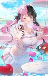 Rule 34 | 1girl, ;q, black hair, blue eyes, breasts, choker, highres, ice cream cone, jimuso, large breasts, long hair, midriff, multicolored hair, one eye closed, pink hair, pool, red nails, sideboob, sideboob cutout, skirt, solo, split-color hair, tachibana hinano (vtuber), tongue, tongue out, twintails, two-tone hair, virtual youtuber, vspo!, wet, white choker, white skirt