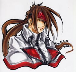 Rule 34 | arc system works, brown eyes, brown hair, dated, guilty gear, headband, male focus, maon, marker (medium), order-sol, order sol, ponytail, portrait, signature, sol badguy, solo, traditional media