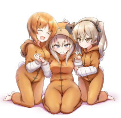 Rule 34 | 3girls, animal costume, animal hood, arm grab, barefoot, bear costume, bear hood, black ribbon, blue eyes, blush, boko (girls und panzer), brown eyes, brown hair, closed mouth, commentary request, frown, girl sandwich, girls und panzer, hair ribbon, hand on another&#039;s head, holding hands, hood, itsumi erika, kneeling, light brown hair, long hair, looking at another, looking at viewer, medium hair, multiple girls, nagomiya (shousha), nishizumi miho, one side up, onesie, open mouth, pajamas, partial commentary, ribbon, sandwiched, seiza, shimada arisu, short hair, silver hair, sitting, smile