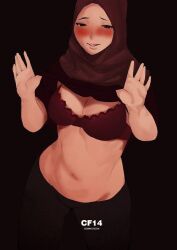 Rule 34 | 1girl, blush, bra, breasts, clothes lift, dark background, exposed chest, female pervert, hands up, hijab, medium breasts, pervert, red bra, shirt lift, simple background, underwear