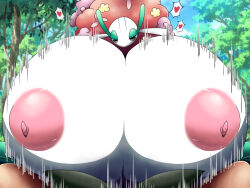 Rule 34 | 1boy, 1girl, breasts, colored skin, creatures (company), day, florges, florges (red flower), game freak, gen 6 pokemon, gigantic breasts, half-closed eyes, heart, hetero, looking at viewer, motion lines, nintendo, nipples, norio (pheromosa times), outdoors, paizuri, pokemon, pokephilia, pov, sky, tree, white skin