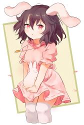 Rule 34 | 1girl, animal, animal ears, ar (maeus), black hair, dress, feet out of frame, hair between eyes, highres, holding, holding animal, inaba tewi, parted lips, pink dress, rabbit, rabbit ears, red eyes, short hair, short sleeves, solo, thighhighs, touhou, white thighhighs