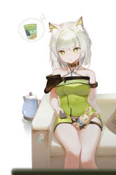 Rule 34 | !?, 1girl, absurdres, amiya (arknights), animal ear fluff, animal ears, arknights, bare legs, bare shoulders, black choker, cameo, character doll, chinese commentary, choker, collar, commentary request, controller, couch, doctor (arknights), dress, feet out of frame, flower, full body, green dress, green eyes, highres, holding, holding remote control, kal&#039;tsit (arknights), kettle, long hair, looking at viewer, looking to the side, material growth, off-shoulder dress, off shoulder, on couch, oripathy lesion (arknights), parted lips, remote control, see-through, see-through sleeves, simple background, sitting, solo, spoken food, thighs, watch, white background, white hair, wristwatch, zombie ke