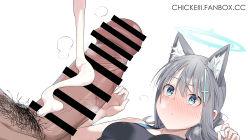 Rule 34 | 1boy, 1girl, animal ear fluff, animal ears, bar censor, black one-piece swimsuit, blue archive, blush, breasts, censored, chicke iii, cross hair ornament, extra ears, full-face blush, grey hair, hair between eyes, hair ornament, halo, looking at penis, lotion, lying, male pubic hair, medium breasts, on back, one-piece swimsuit, parted lips, penis, pov, pubic hair, shiroko (blue archive), shiroko (swimsuit) (blue archive), simple background, swimsuit, white background