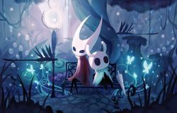 Rule 34 | 1boy, 1girl, azusa (980650076), bench, black eyes, bug, butterfly, cape, cobblestone, dark, flower, highres, hollow knight, hollow knight (character), hornet (hollow knight), horns, insect, looking away, plant, shadow, sitting, tree