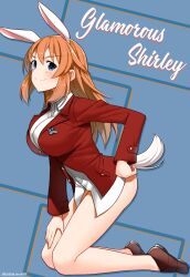 Rule 34 | 1girl, absurdres, animal ears, blazer, blue eyes, blush, breasts, brown hair, charlotte e. yeager, closed mouth, hand on own hip, highres, hiroshi (hunter-of-kct), jacket, large breasts, long hair, looking at viewer, military, military uniform, rabbit ears, rabbit tail, red jacket, shirt, smile, solo, strike witches, tail, uniform, white shirt, world witches series