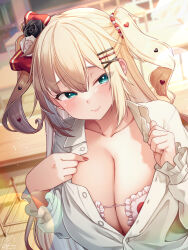 Rule 34 | 1girl, akai haato, aqua eyes, black flower, black rose, blonde hair, blush, bra, breasts, chair, classroom, cleavage, closed mouth, collarbone, collared shirt, commentary request, desk, flower, hair between eyes, hair flower, hair ornament, hair ribbon, hairclip, heart, heart hair ornament, highres, hololive, huge breasts, indoors, long hair, looking at viewer, magowasabi, nail polish, open clothes, open shirt, ribbon, rose, school chair, school desk, school uniform, shirt, signature, smile, solo, two side up, underwear, upper body, very long hair, virtual youtuber, white bra, white flower, white rose, white shirt, wooden floor, x hair ornament