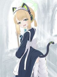 Rule 34 | 1girl, animal ear headphones, animal ears, apron, ass, black dress, blonde hair, blue archive, blush, cat tail, dress, fake animal ears, frilled apron, frilled dress, frills, green eyes, green halo, halo, headphones, highres, long sleeves, looking at viewer, looking back, maid, maid apron, maid headdress, midori (blue archive), midori (maid) (blue archive), official alternate costume, open mouth, short hair, smile, solo, tail, thighhighs, tonkotsu frappuccino, white apron, white thighhighs