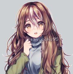 Rule 34 | 1girl, arm up, arms up, artist name, blush, brown eyes, brown hair, coat, commission, grey background, hair between eyes, long hair, long sleeves, multicolored hair, open mouth, original, sasucchi95, solo, sweater, turtleneck, turtleneck sweater, wavy hair
