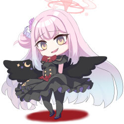 Rule 34 | 1girl, :d, alternate color, alternate costume, arms behind back, black capelet, black dress, black footwear, black pantyhose, black wings, blue archive, blunt bangs, capelet, chibi, commentary request, crazy eyes, crazy smile, dark persona, dress, feathered wings, frilled dress, frills, full body, hair bun, hair ornament, hair scrunchie, half updo, halo, high heels, long hair, looking at viewer, mika (blue archive), o (rakkasei), open mouth, pantyhose, pink hair, school uniform, scrunchie, sidelocks, simple background, single side bun, smile, solo, standing, standing on one leg, wings, yandere, yellow eyes