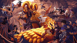 Rule 34 | annotated, armor, battle, bow (weapon), bowgun, commentary, dark skin, dragon, dragon horns, english commentary, horns, huge weapon, ioruko, kulve taroth, monster, monster hunter (series), monster hunter: world, multiple boys, multiple girls, pixel art, pointing, pointing forward, ponytail, scales, simple background, size difference, sword, weapon