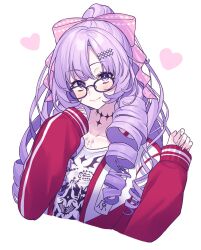 Rule 34 | 1girl, black-framed eyewear, bow, chest tattoo, closed mouth, clothes writing, drill hair, drill sidelocks, fingernails, glasses, hair bow, hair ornament, hairclip, head tilt, high ponytail, highres, hyakumantenbara salome, hyakumantenbara salome (casual), jacket, light blush, lips, long hair, long sleeves, looking at viewer, lq saku, nijisanji, official alternate costume, official alternate hairstyle, parted bangs, pink bow, ponytail, purple eyes, red jacket, red track suit, scorpion tattoo, see-through bow, shirt, sidelocks, simple background, smile, solo, tattoo, track jacket, upper body, virtual youtuber, white background, white shirt