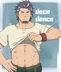 Rule 34 | 1boy, bara, beige shirt, black hair, blue pants, blush, clothes lift, copyright name, decadence (anime), facial hair, goatee, kaburagi (decadence), lifted by self, looking at viewer, male focus, multicolored hair, navel, navel hair, pants, shirt lift, short hair, short sleeves, solo, stomach, toned, toned male, two-tone hair, white hair, yanutorie