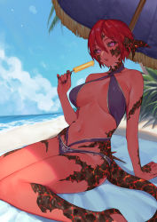 Rule 34 | 1girl, absurdres, arm support, armpit crease, au ra, bare arms, bare legs, bare shoulders, beach, beach umbrella, bikini, black nails, black sclera, blue sky, blurry, bob cut, breasts, breasts apart, cloud, cloudy sky, collarbone, colored sclera, commentary, criss-cross halter, dark-skinned female, dark skin, day, depth of field, dragon girl, dragon horns, dragon tail, eyelashes, eyeshadow, final fantasy, final fantasy xiv, fingernails, food, groin, hair between eyes, halterneck, hand up, highleg, highleg swimsuit, highres, holding, holding food, horizon, horns, ice cream, large breasts, lips, long fingernails, looking at viewer, makeup, nail polish, navel, ocean, outdoors, palm tree, parted lips, pink bikini, pink eyes, purple bikini, red hair, sand, scales, shore, short hair, sitting, sky, slit pupils, solo, stomach, swimsuit, tail, tree, umbrella, uni (melm), wariza, warrior of light (ff14), water