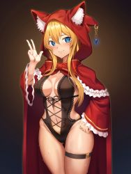 Rule 34 | 1girl, @ @, absurdres, animal ear fluff, black leotard, blonde hair, blue eyes, blue gemstone, blush, bow, bowtie, breasts, cape, center opening, cleavage, closed mouth, cowboy shot, cross-laced clothes, detached sleeves, embarrassed, frilled sleeves, frills, gem, gluteal fold, goback, gradient background, hand up, highres, hood, hood up, hooded cape, lace-trimmed leotard, lace trim, leotard, little red riding hood, long hair, long sleeves, looking at viewer, medium breasts, multicolored background, navel, nervous smile, original, red bow, red bowtie, red cape, sidelocks, skindentation, smile, solo, stomach, sweat, thigh gap, thigh strap, underwear, v