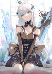 Rule 34 | 1girl, absurdres, black dress, bow, bowtie, breasts, cleavage, crown, dress, dress bow, fishnets, floating crown, gloves, grey hair, highres, long hair, meryl (tower of fantasy), mumei (mumei 7743), parted lips, sitting, solo, teeth, thighs, tower of fantasy, wariza, weapon