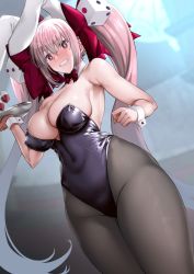 Rule 34 | 1girl, alcohol, animal ears, bare shoulders, black leotard, blush, bow, breasts, brown pantyhose, cleavage, clenched teeth, covered navel, cup, detached collar, di gi charat, dice hair ornament, drinking glass, fake animal ears, hair bow, hair ornament, highleg, highleg leotard, highres, large breasts, leotard, long hair, looking at viewer, morimoto kiyona, pantyhose, pink eyes, pink hair, playboy bunny, rabbit ears, solo, teeth, thighs, tray, twintails, usada hikaru, wine, wine glass, wrist cuffs