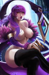 Rule 34 | 1girl, absurdres, between breasts, breasts, claws, curvy, detached sleeves, evelynn (league of legends), female focus, functionally nude, fur-trimmed sleeves, fur trim, highres, jewelry, k/da (league of legends), k/da evelynn, large breasts, league of legends, crossed legs, lips, lipstick, looking at viewer, makeup, microphone, mirai hikari, navel, necklace, nipples, parted lips, purple hair, short hair with long locks, signature, solo, thick thighs, thighhighs, thighs, yellow eyes