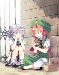Rule 34 | 2girls, ^ ^, against wall, braid, closed eyes, commentary, female focus, full body, hat, head rest, high heels, hong meiling, indian style, izayoi sakuya, long hair, looking at another, maid headdress, mary janes, md5 mismatch, multiple girls, red hair, resolution mismatch, satou kibi, shoes, short hair, silver hair, sitting, smile, source larger, squatting, star (symbol), sweatdrop, touhou, twin braids, | |