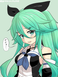 Rule 34 | 1girl, absurdres, blush stickers, bow, breasts, choker, commentary request, detached sleeves, goma (gomasamune), green background, green eyes, hair between eyes, hair bow, hair ornament, hairclip, highres, kantai collection, long hair, long sleeves, looking at viewer, medium breasts, neckerchief, open mouth, ponytail, sidelocks, solo, translation request, twitter username, upper body, yamakaze (kancolle)