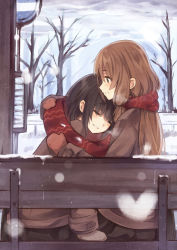 Rule 34 | 2girls, bare tree, bench, black hair, brown hair, heart, highres, hug, jacket, kyuri, long hair, mittens, multiple girls, original, parted lips, scarf, shared clothes, shared scarf, short hair, sitting, smile, snow, tree, winter clothes, yuri